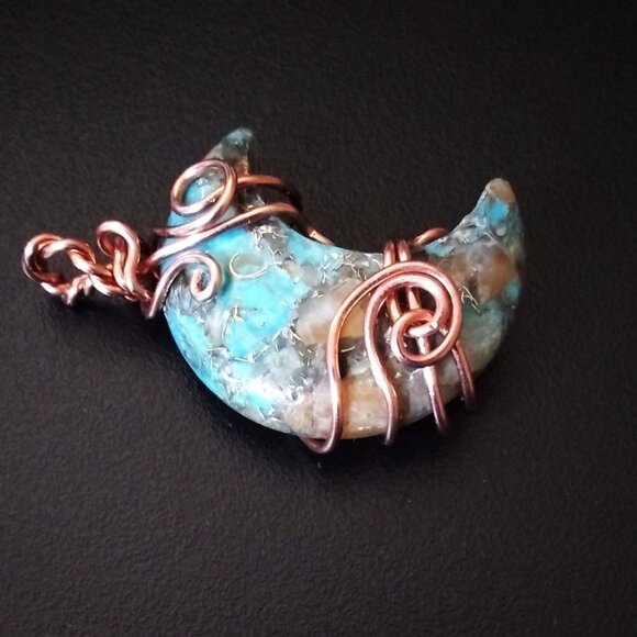 One-of-a-kind! Wire Wrapped Moon Pendant! Turquoise Agate + Quartz Composition - Picture 1 of 8
